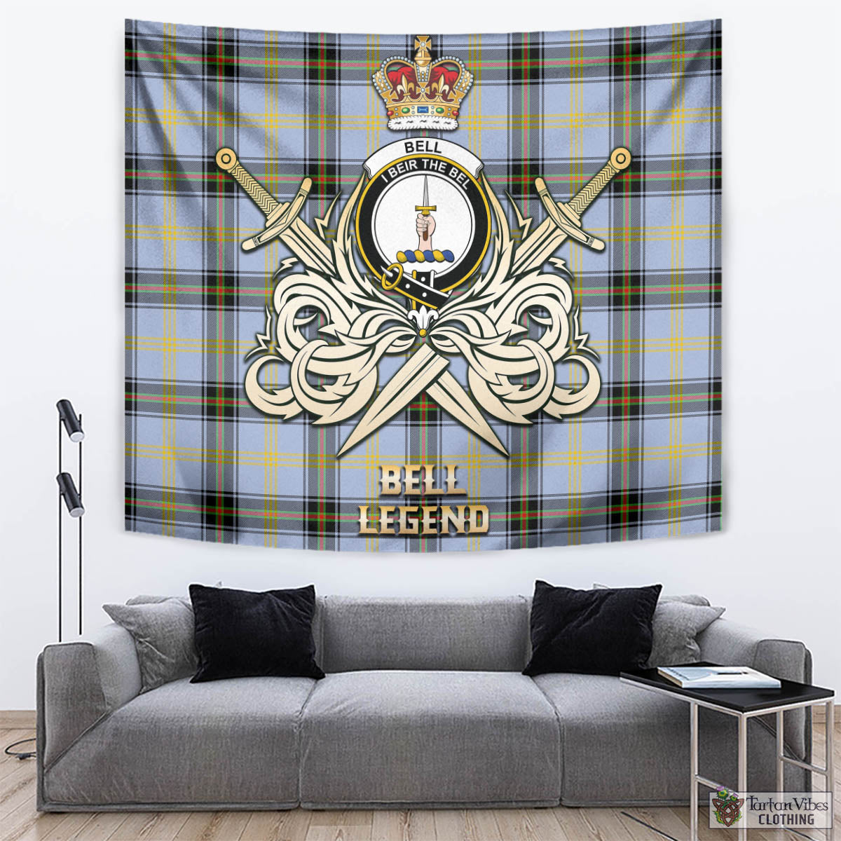 Tartan Vibes Clothing Bell Tartan Tapestry with Clan Crest and the Golden Sword of Courageous Legacy