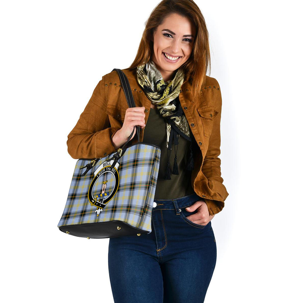 Bell Tartan Leather Tote Bag with Family Crest - Tartanvibesclothing