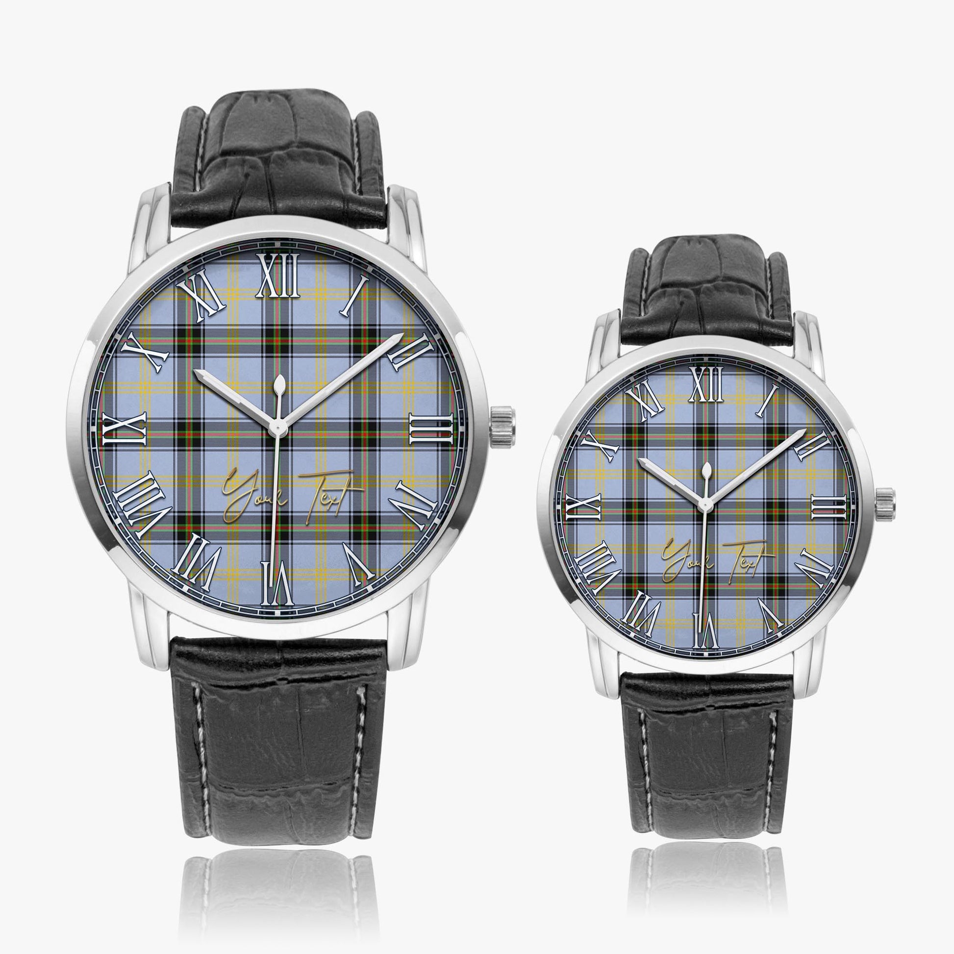 Bell Tartan Personalized Your Text Leather Trap Quartz Watch Wide Type Silver Case With Black Leather Strap - Tartanvibesclothing