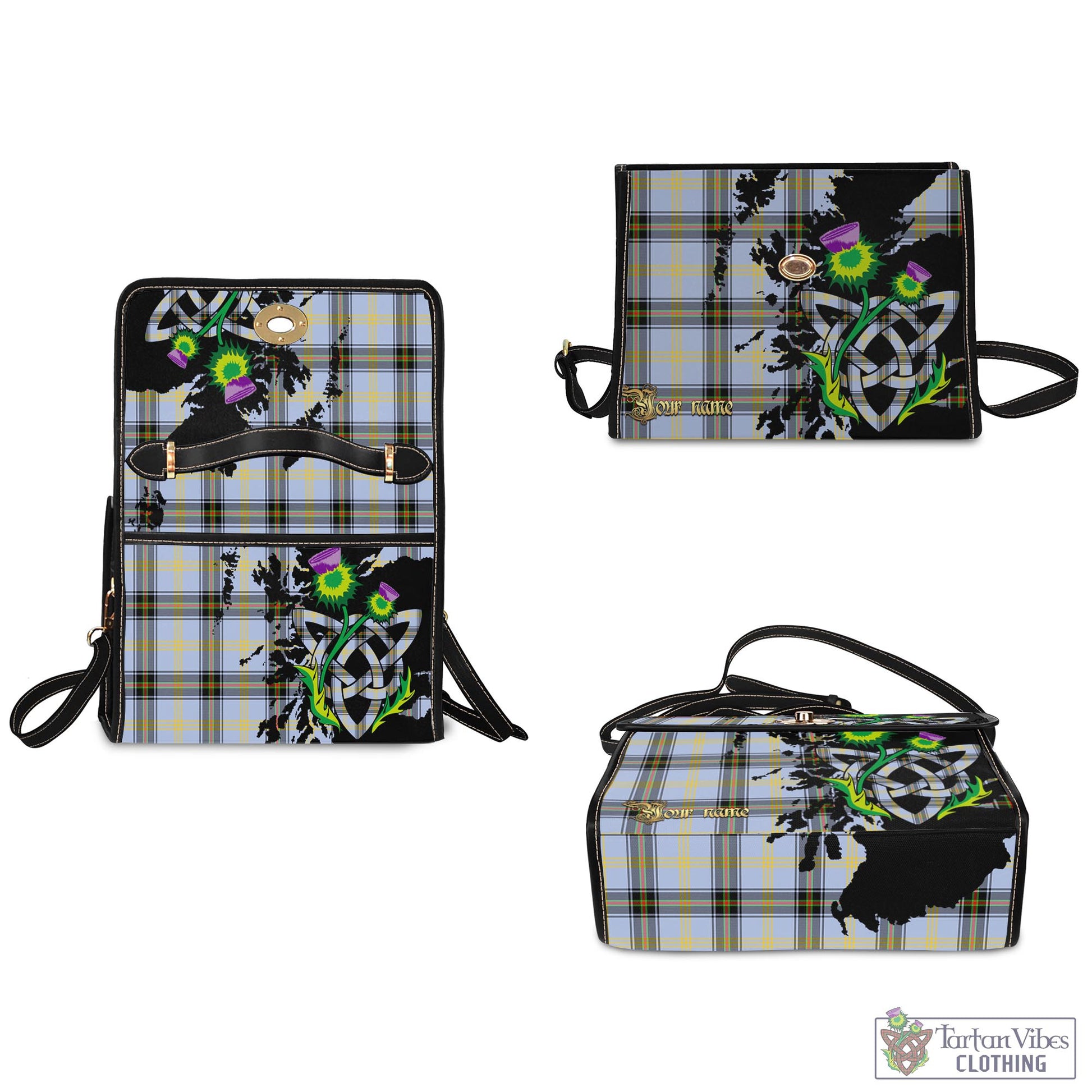 Tartan Vibes Clothing Bell Tartan Waterproof Canvas Bag with Scotland Map and Thistle Celtic Accents