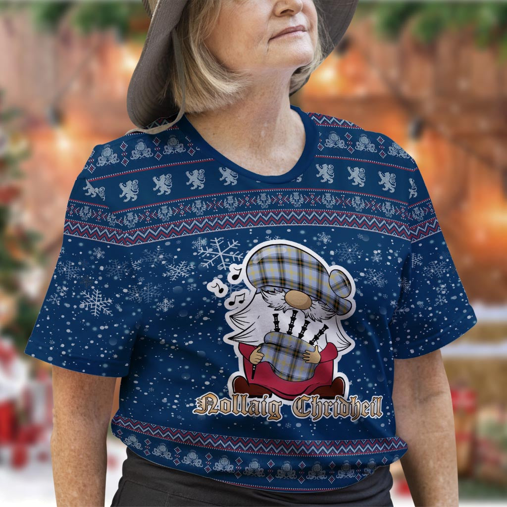 Bell Clan Christmas Family T-Shirt with Funny Gnome Playing Bagpipes Women's Shirt Blue - Tartanvibesclothing