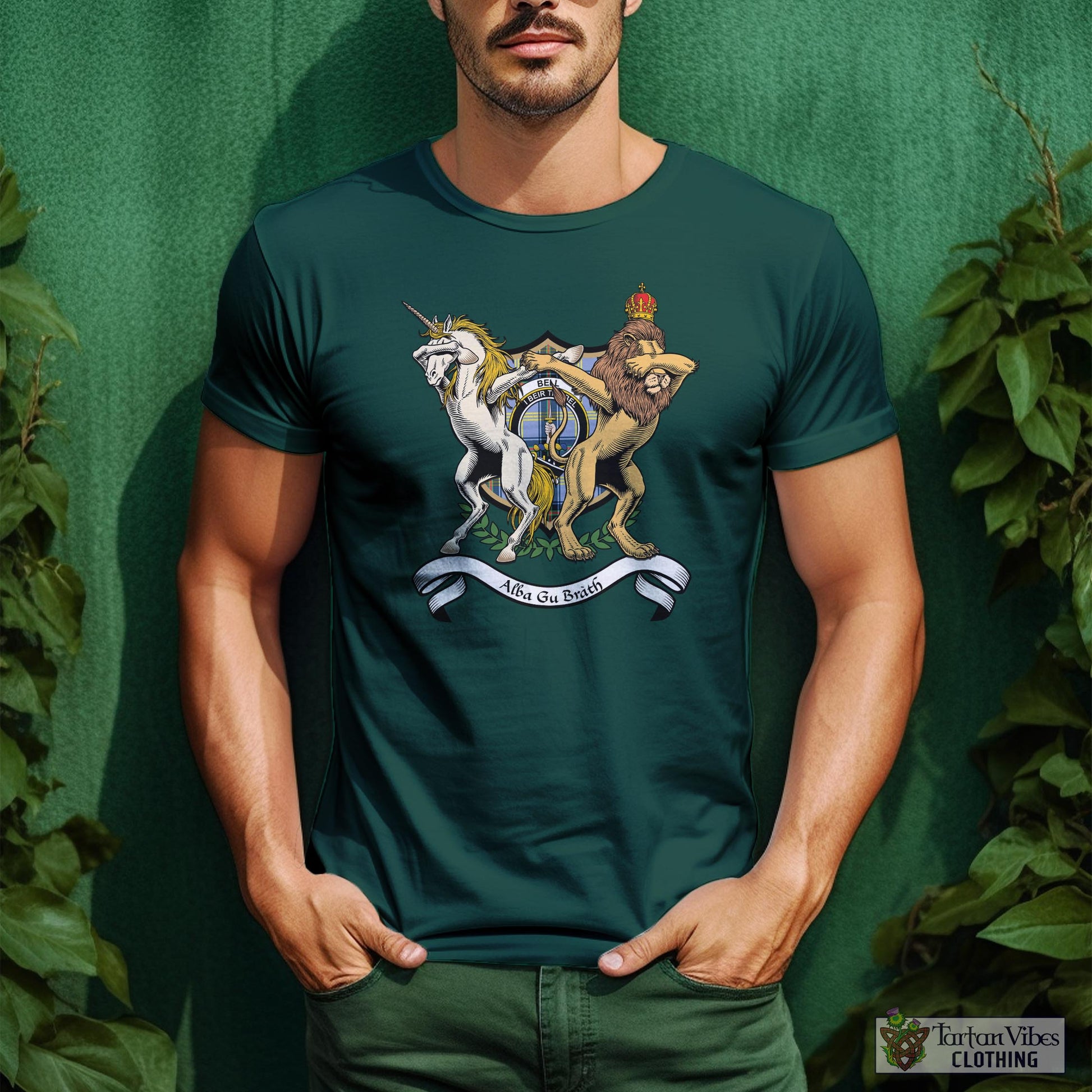 Tartan Vibes Clothing Bell Family Crest Cotton Men's T-Shirt with Scotland Royal Coat Of Arm Funny Style