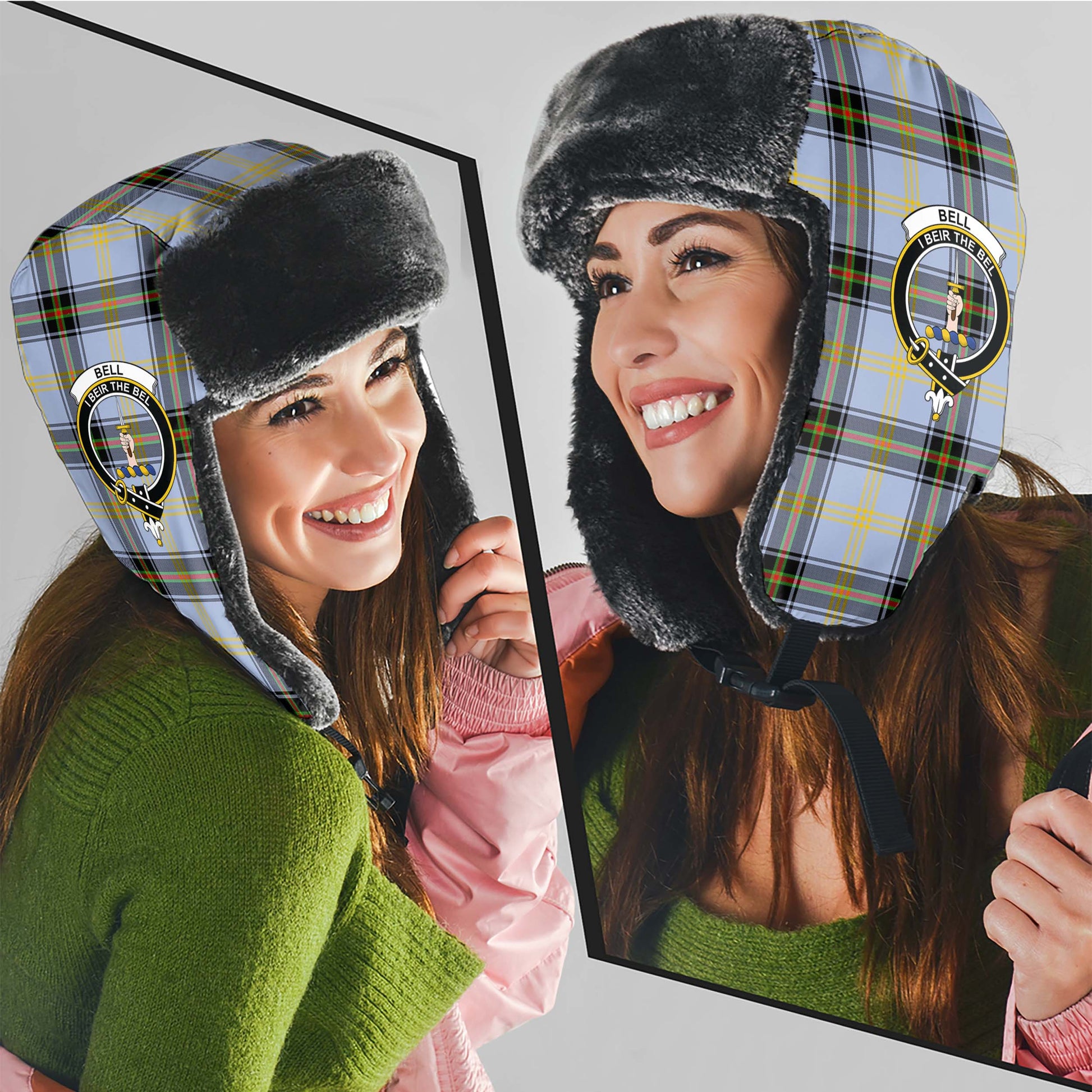 Bell Tartan Winter Trapper Hat with Family Crest - Tartanvibesclothing