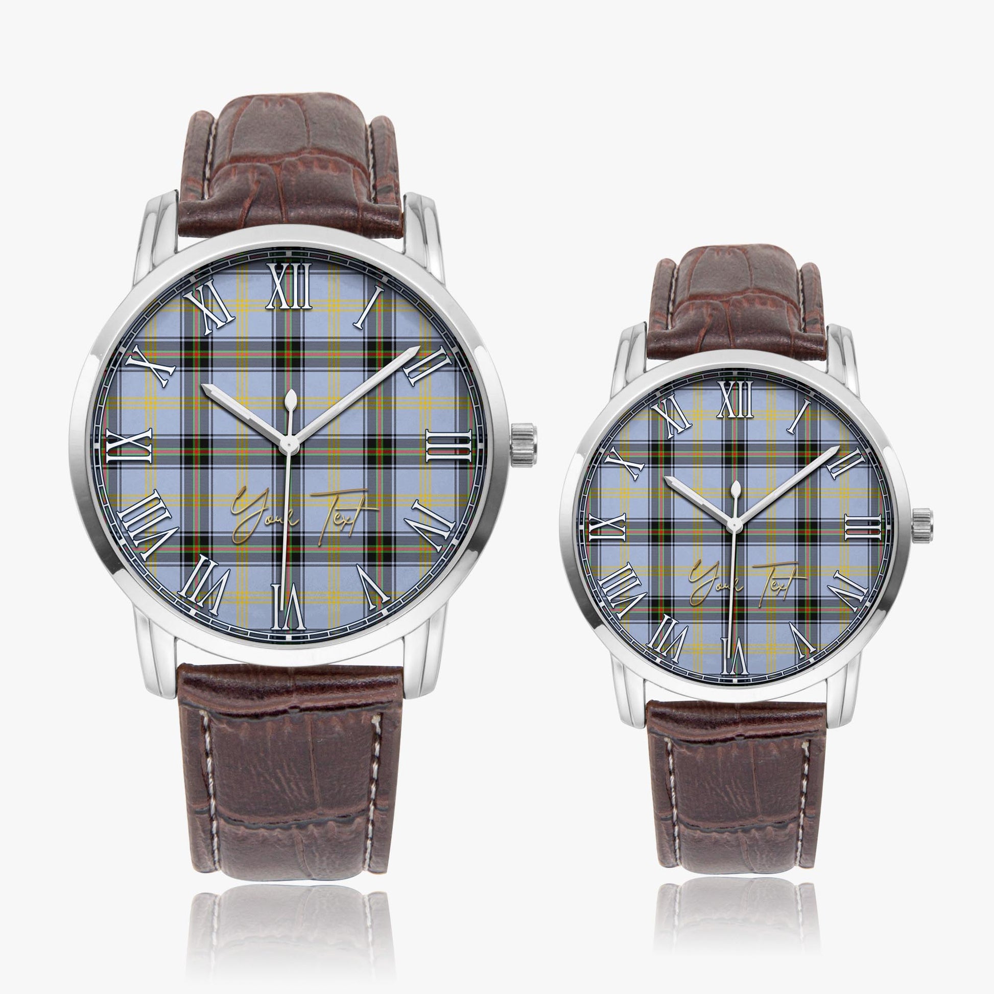 Bell Tartan Personalized Your Text Leather Trap Quartz Watch Wide Type Silver Case With Brown Leather Strap - Tartanvibesclothing