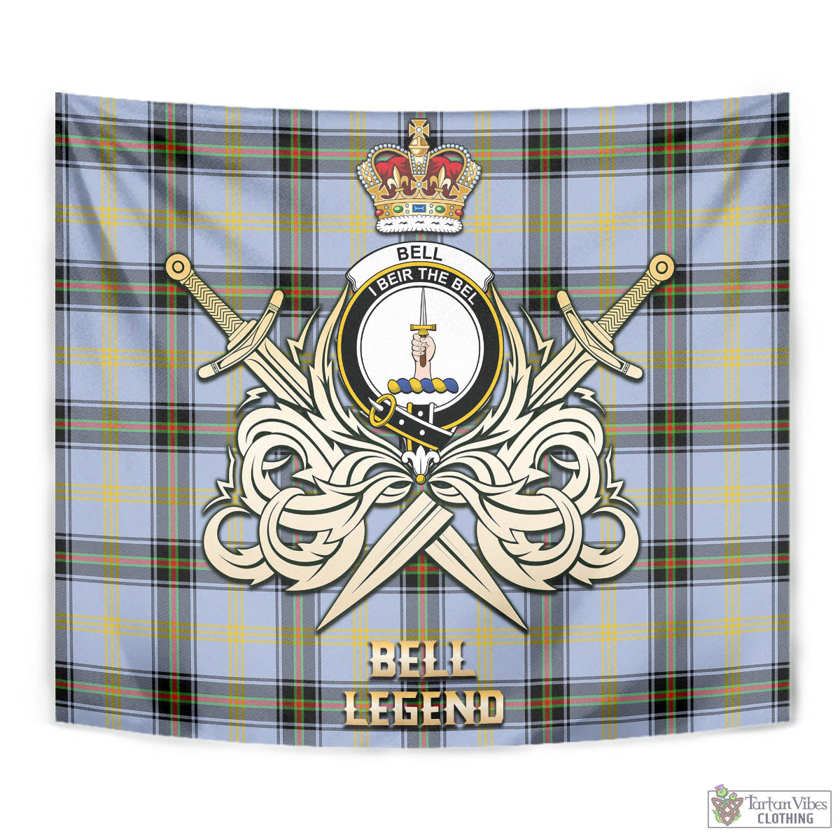 Tartan Vibes Clothing Bell Tartan Tapestry with Clan Crest and the Golden Sword of Courageous Legacy