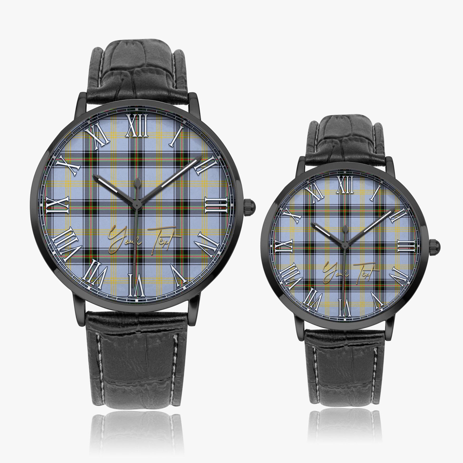 Bell Tartan Personalized Your Text Leather Trap Quartz Watch Ultra Thin Black Case With Black Leather Strap - Tartanvibesclothing