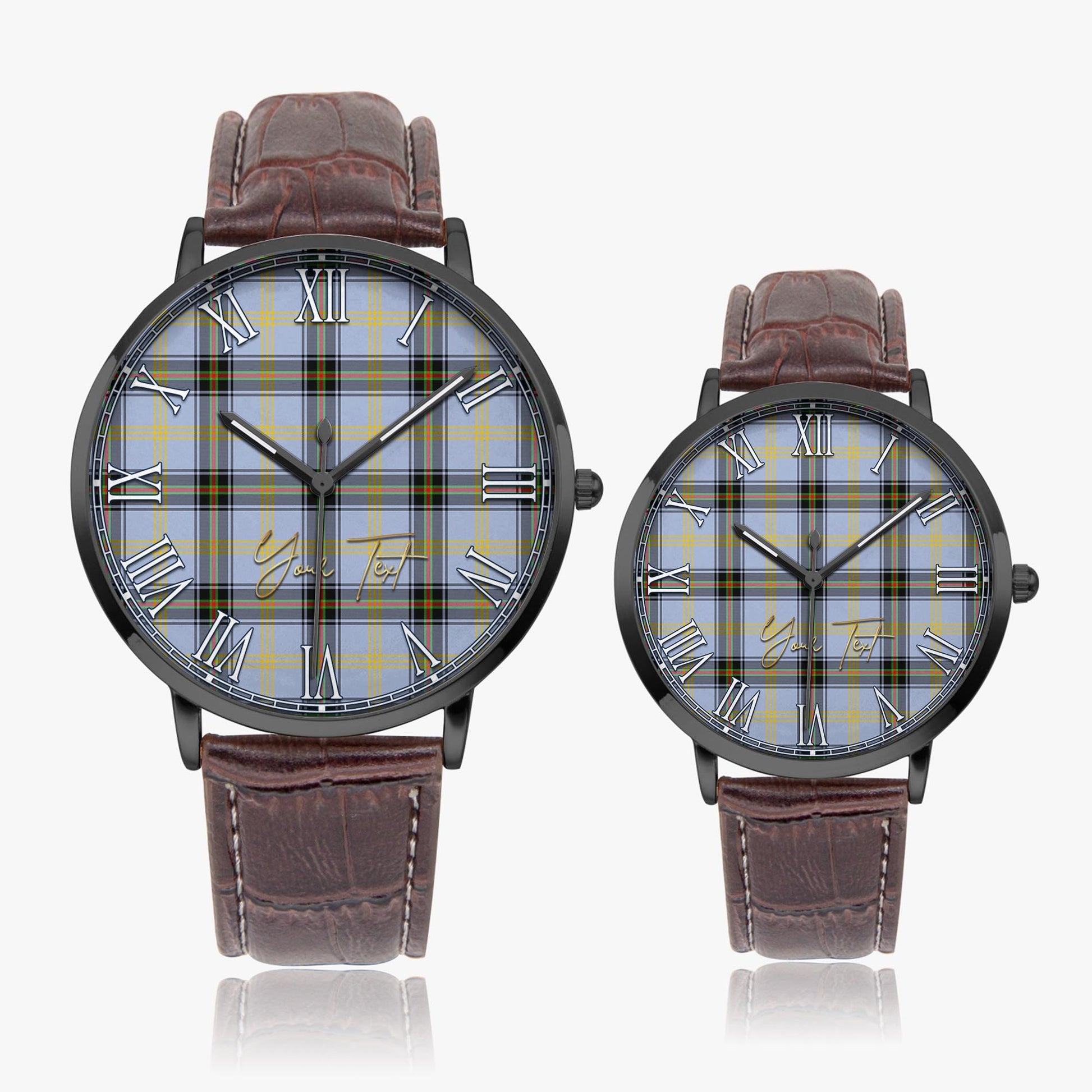 Bell Tartan Personalized Your Text Leather Trap Quartz Watch Ultra Thin Black Case With Brown Leather Strap - Tartanvibesclothing