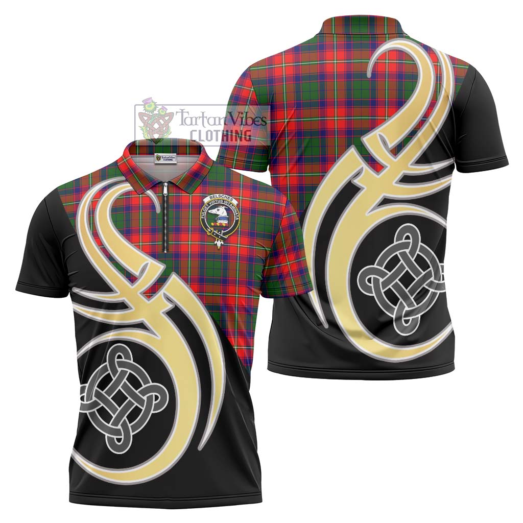 Tartan Vibes Clothing Belsches Tartan Zipper Polo Shirt with Family Crest and Celtic Symbol Style