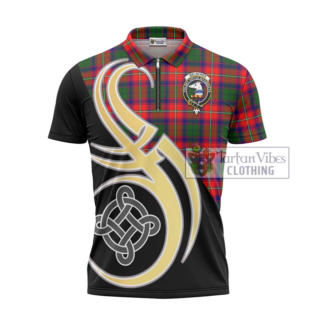 Tartan Vibes Clothing Belsches Tartan Zipper Polo Shirt with Family Crest and Celtic Symbol Style