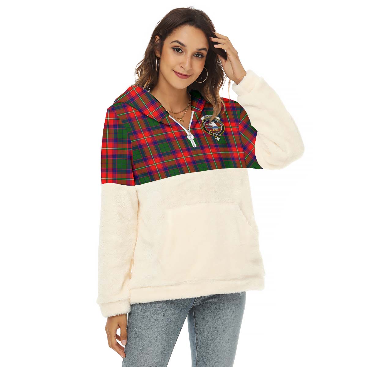 Belshes Tartan Women's Borg Fleece Hoodie With Half Zip with Family Crest Female - Tartanvibesclothing