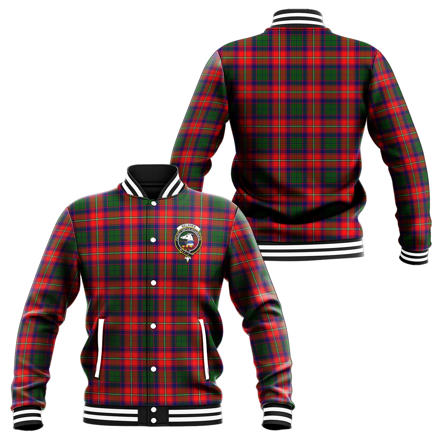 Belshes Tartan Baseball Jacket with Family Crest Unisex - Tartanvibesclothing