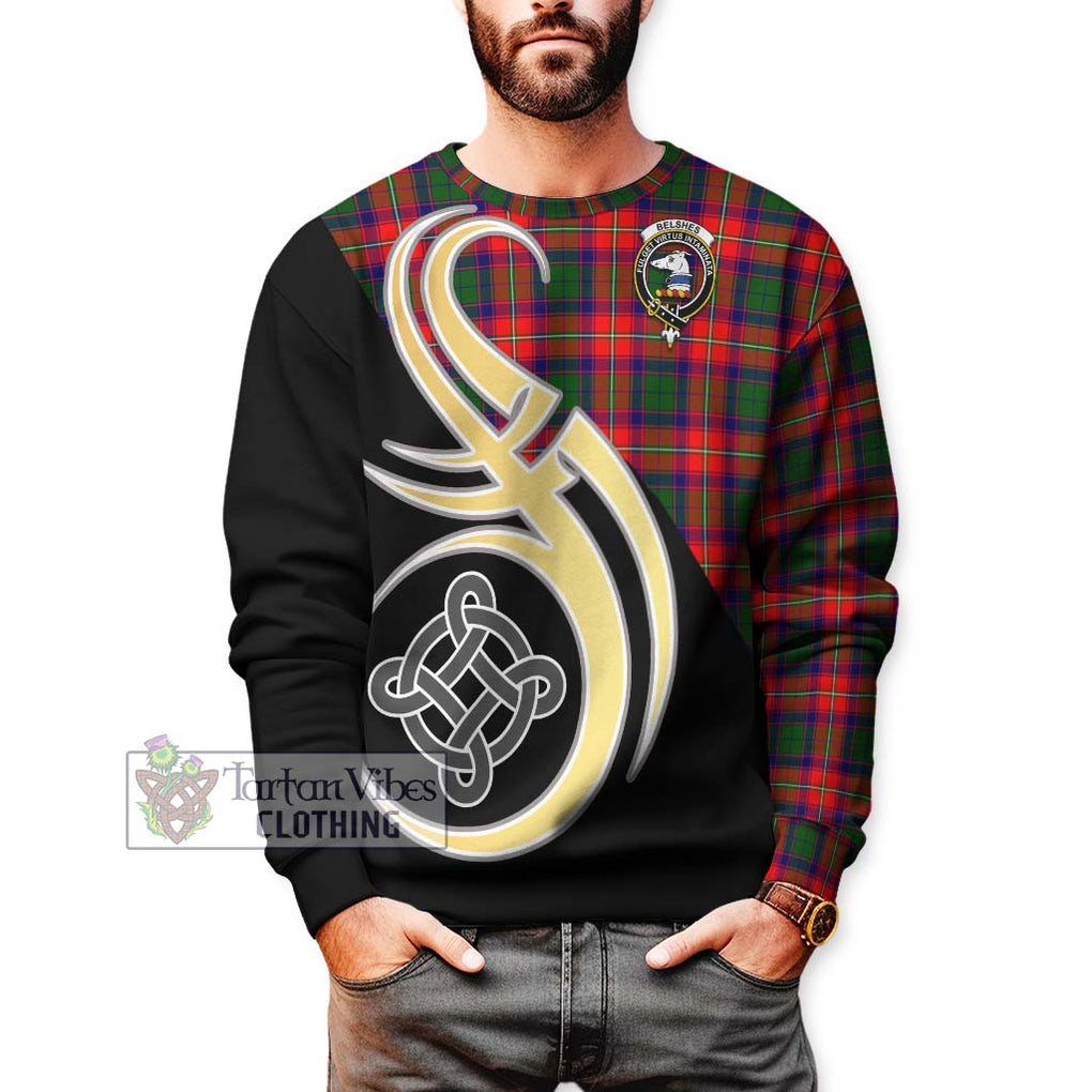 Belshes Tartan Sweatshirt with Family Crest and Celtic Symbol Style Unisex - Tartan Vibes Clothing