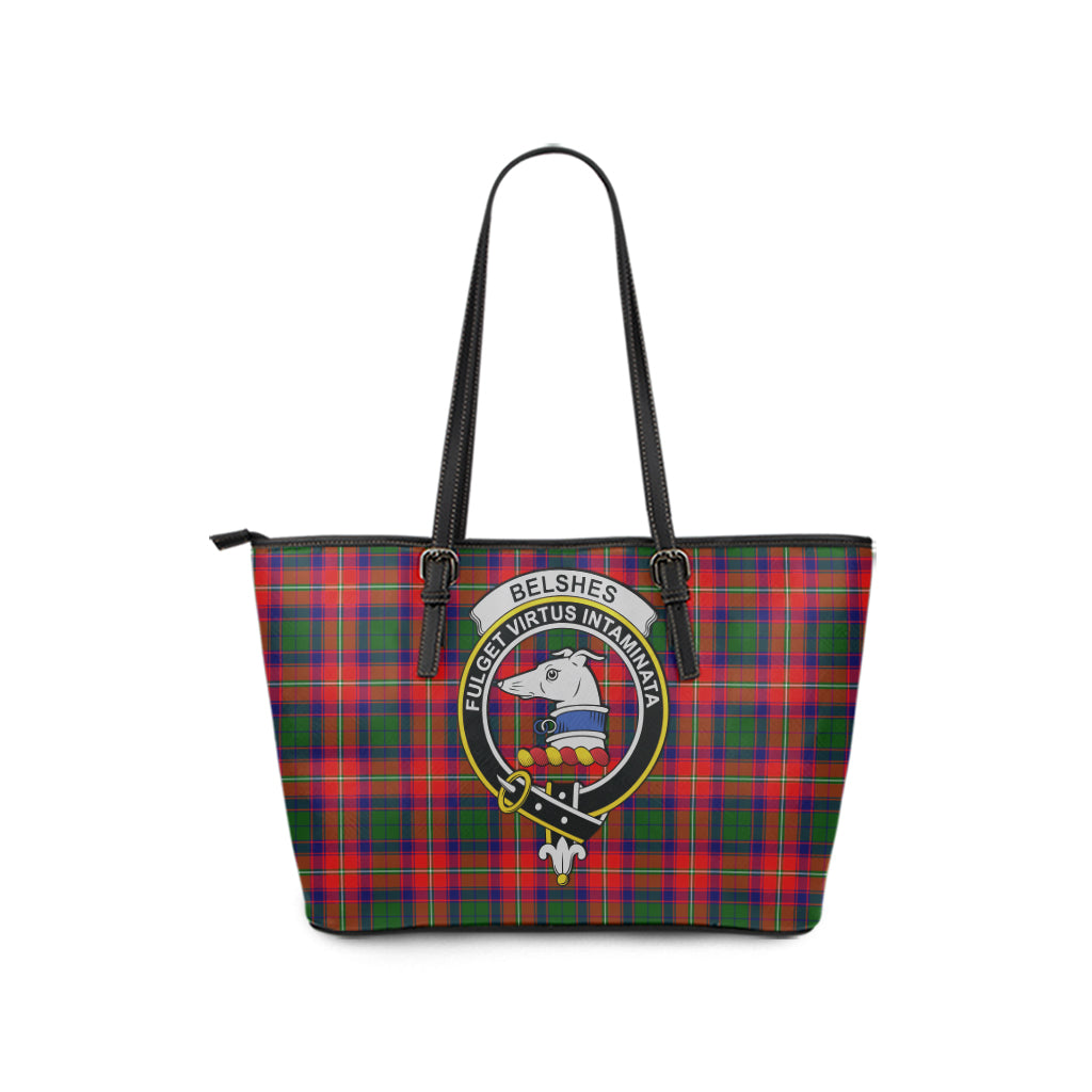 Belshes Tartan Leather Tote Bag with Family Crest - Tartanvibesclothing