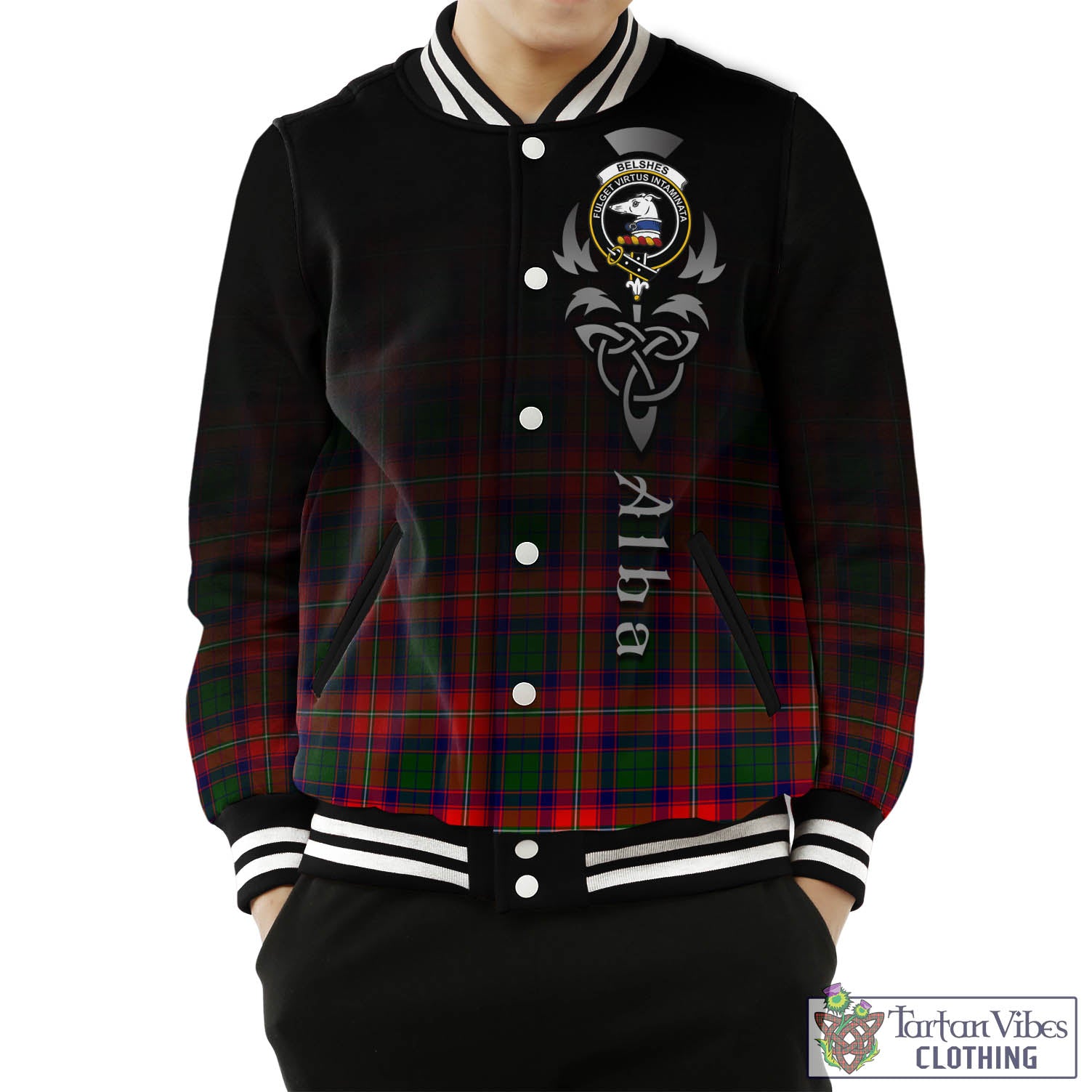 Tartan Vibes Clothing Belshes Tartan Baseball Jacket Featuring Alba Gu Brath Family Crest Celtic Inspired