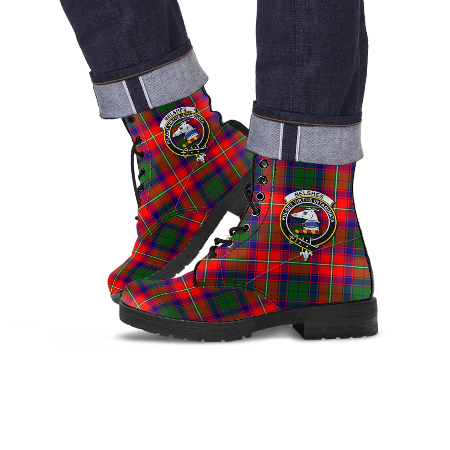 Belshes Tartan Leather Boots with Family Crest - Tartanvibesclothing