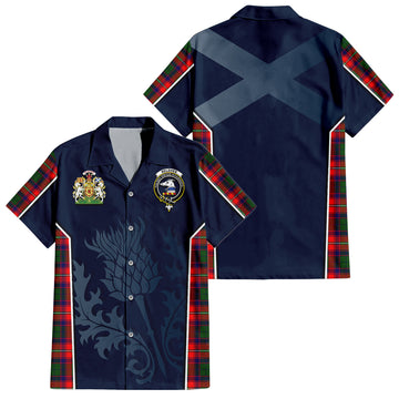 Belshes Tartan Short Sleeve Button Up Shirt with Family Crest and Scottish Thistle Vibes Sport Style