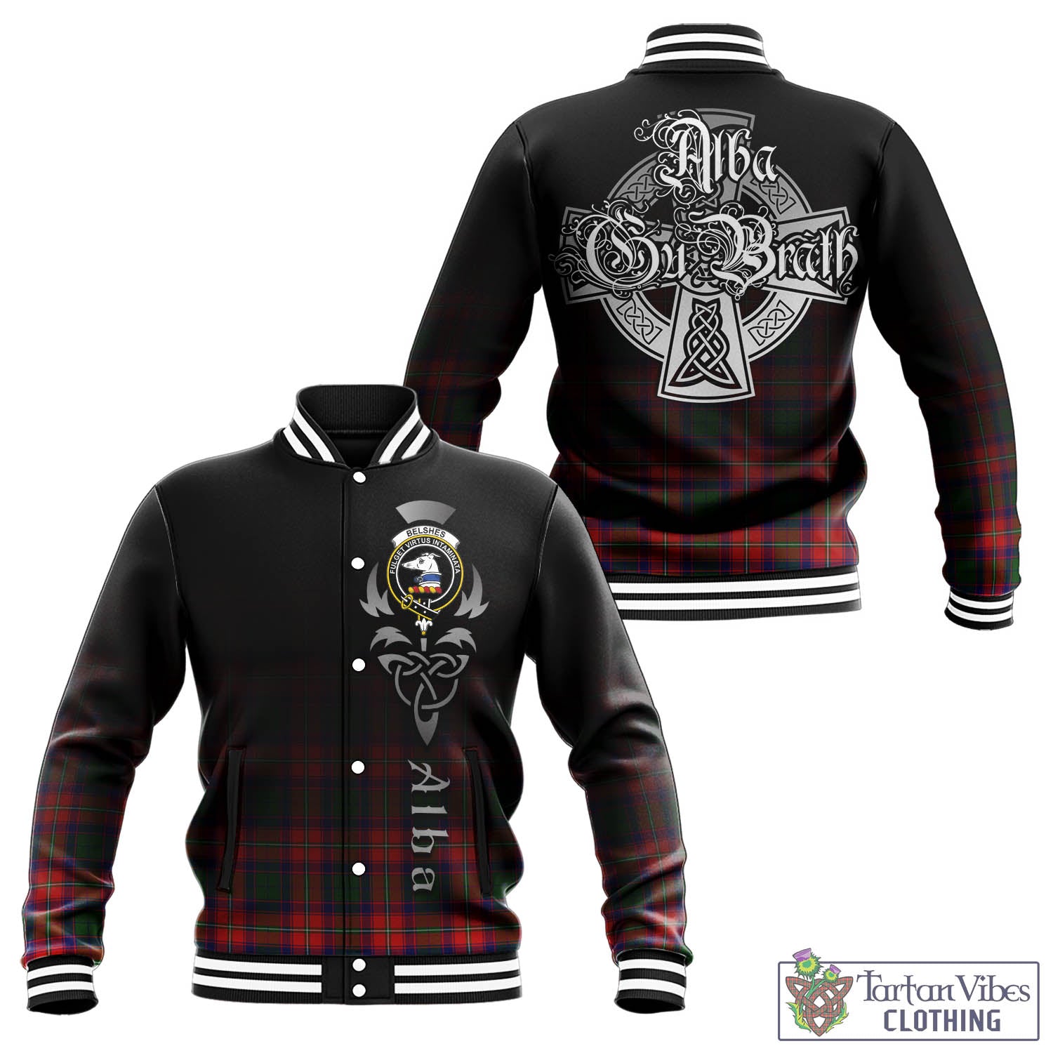 Tartan Vibes Clothing Belshes Tartan Baseball Jacket Featuring Alba Gu Brath Family Crest Celtic Inspired