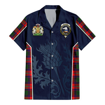 Belshes Tartan Short Sleeve Button Up Shirt with Family Crest and Scottish Thistle Vibes Sport Style