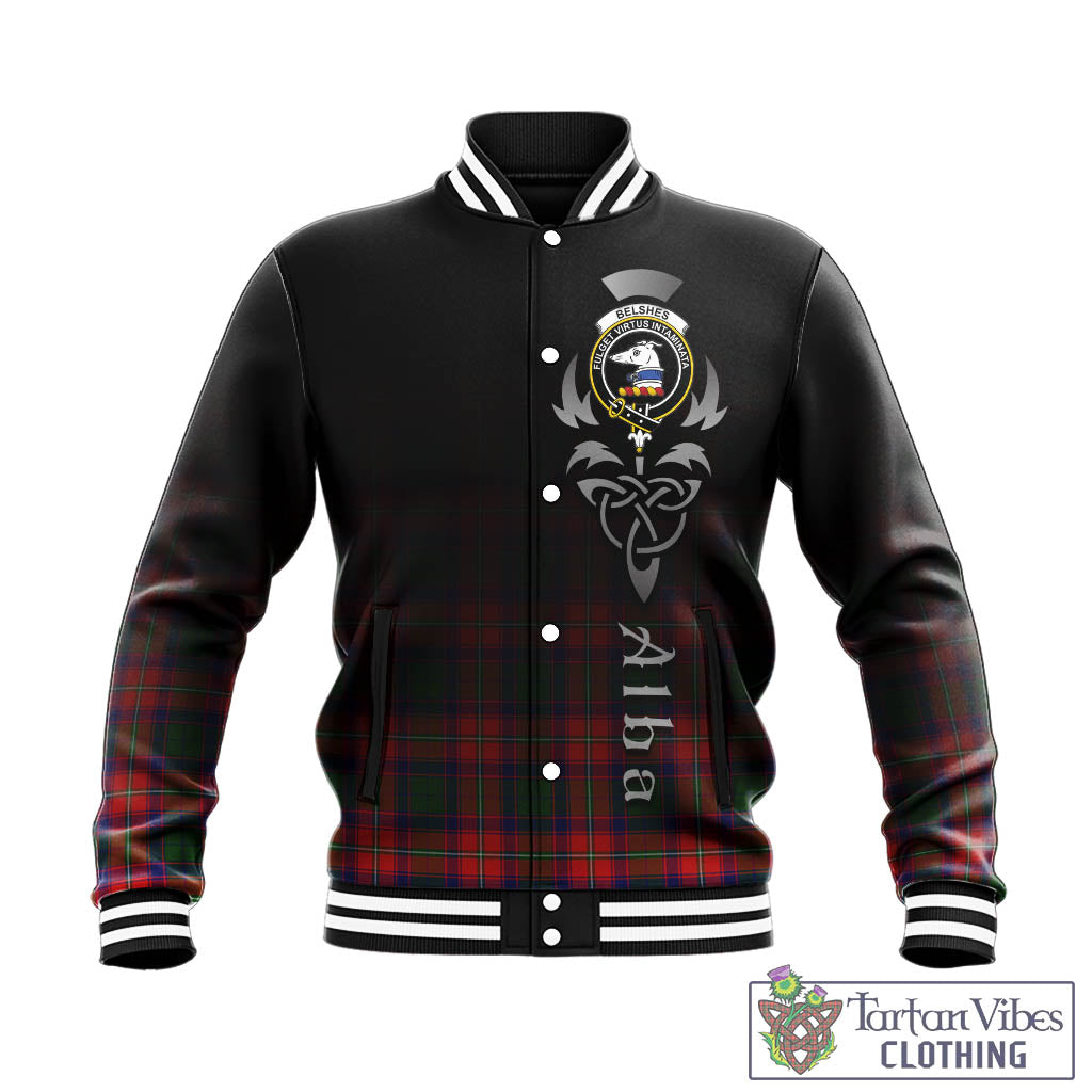 Tartan Vibes Clothing Belshes Tartan Baseball Jacket Featuring Alba Gu Brath Family Crest Celtic Inspired