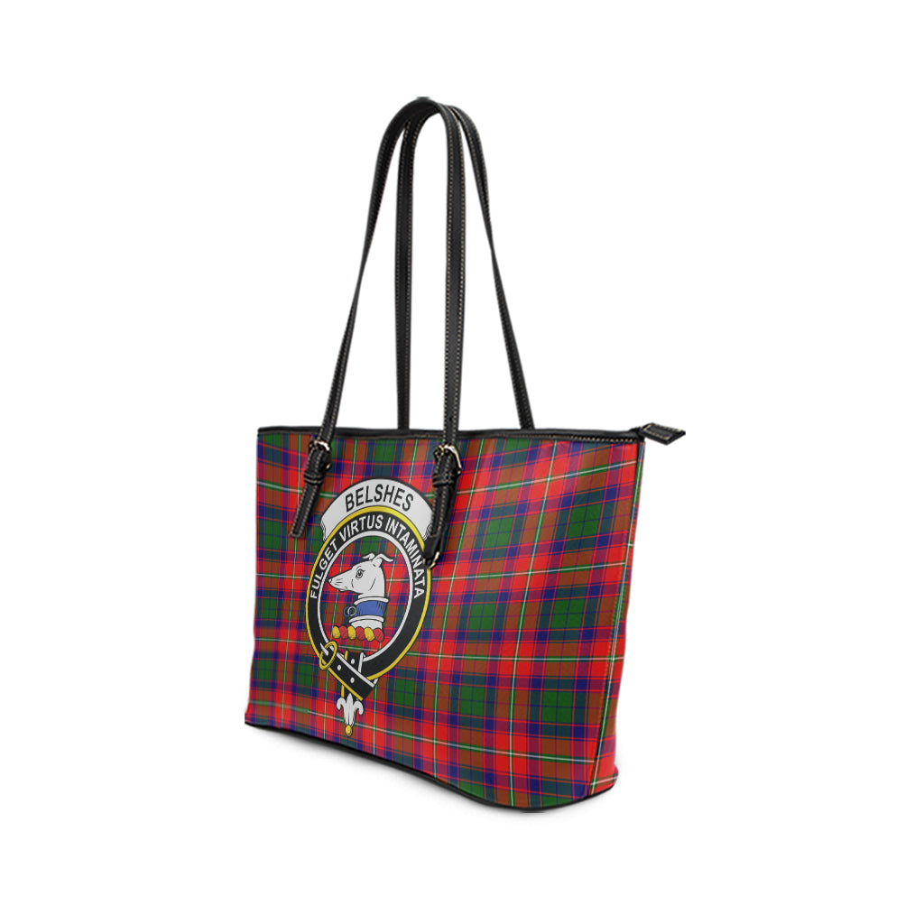 Belshes Tartan Leather Tote Bag with Family Crest - Tartanvibesclothing