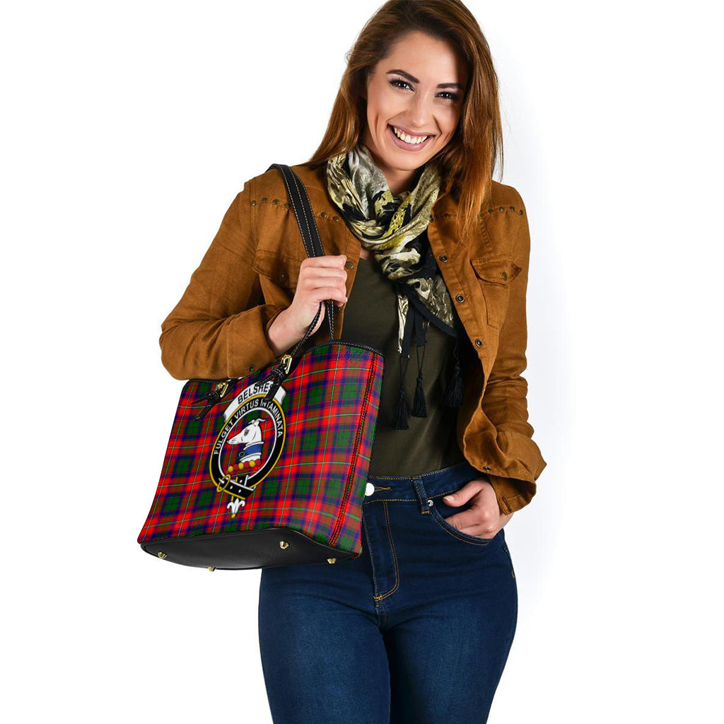 Belshes Tartan Leather Tote Bag with Family Crest - Tartanvibesclothing