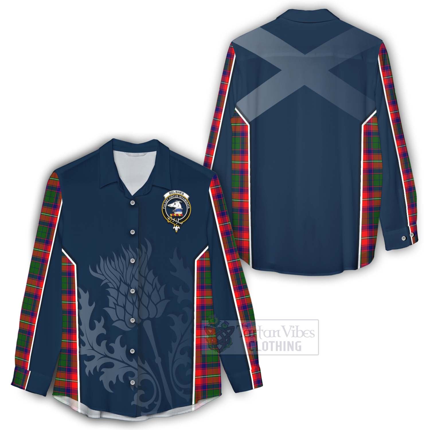 Tartan Vibes Clothing Belshes (Belsches) Tartan Women's Casual Shirt with Family Crest and Scottish Thistle Vibes Sport Style