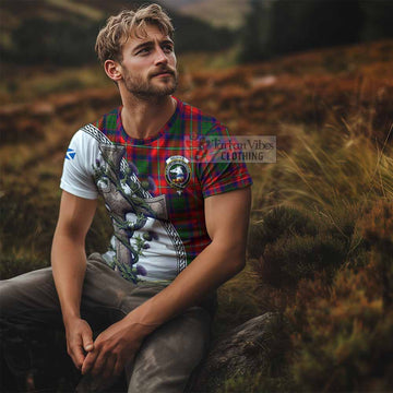 Belshes (Belsches) Tartan T-Shirt with Family Crest and St. Andrew's Cross Accented by Thistle Vines