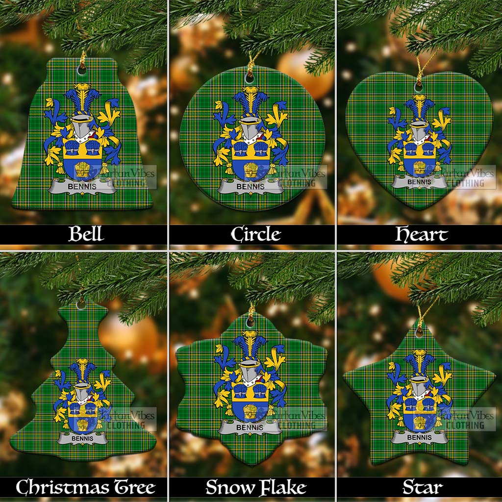 Tartan Vibes Clothing Bennis Irish Clan Tartan Christmas Ceramic Ornament with Coat of Arms