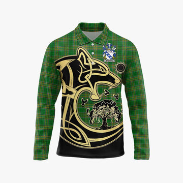 Bernard Irish Tartan Long Sleeve Polo Shirt with Coat of Arms Celtic Wolf Style Unisex - Tartan Vibes Clothing