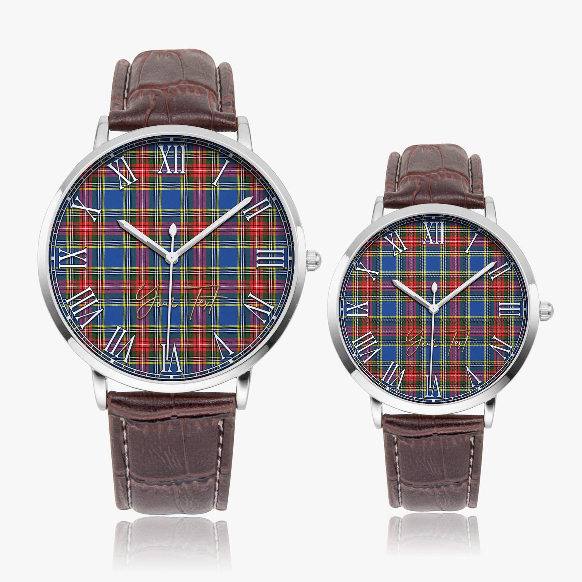 Bethune Tartan Personalized Your Text Leather Trap Quartz Watch Ultra Thin Silver Case With Brown Leather Strap - Tartanvibesclothing