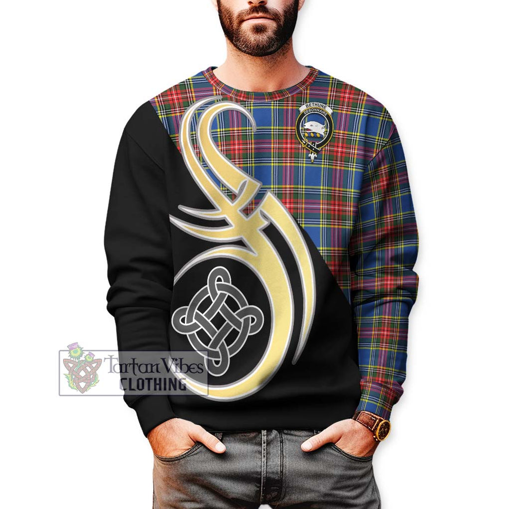 Bethune Tartan Sweatshirt with Family Crest and Celtic Symbol Style Unisex - Tartan Vibes Clothing