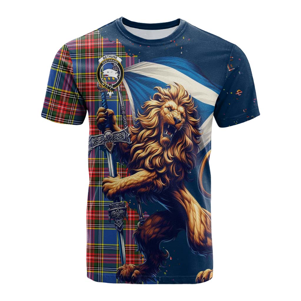 Tartan Vibes Clothing Bethune Tartan Family Crest Cotton T-shirt with Scottish Majestic Lion