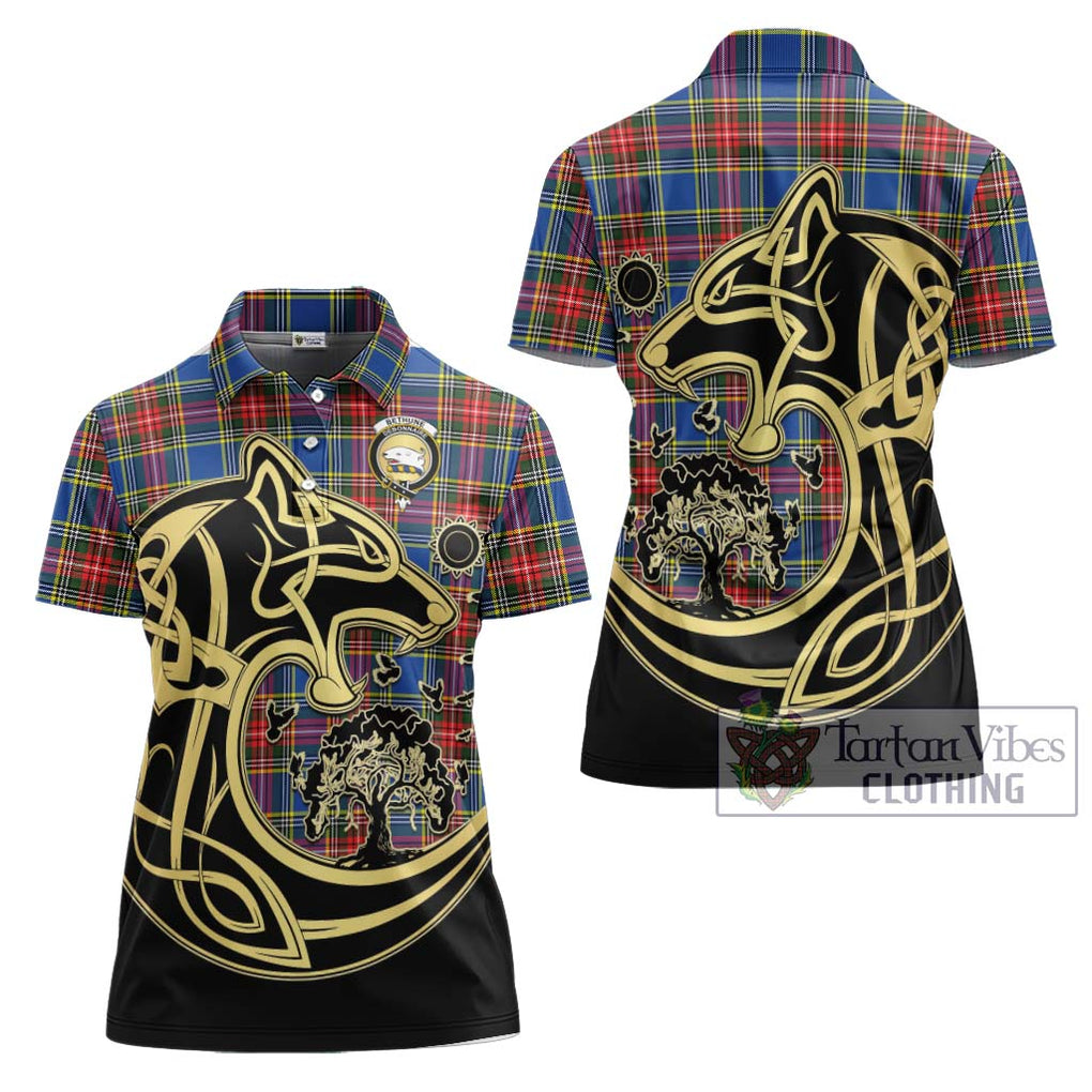 Bethune Tartan Women's Polo Shirt with Family Crest Celtic Wolf Style Women - Tartanvibesclothing Shop