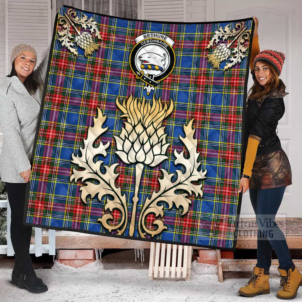 Tartan Vibes Clothing Bethune Tartan Quilt with Family Crest and Golden Thistle Style