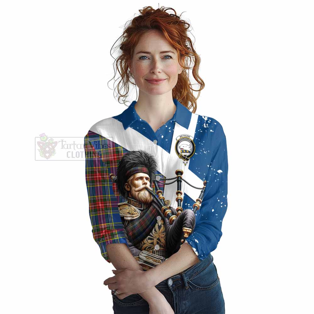 Tartan Vibes Clothing Bethune Tartan Women's Casual Shirt with Family Crest Scottish Bagpiper Vibes