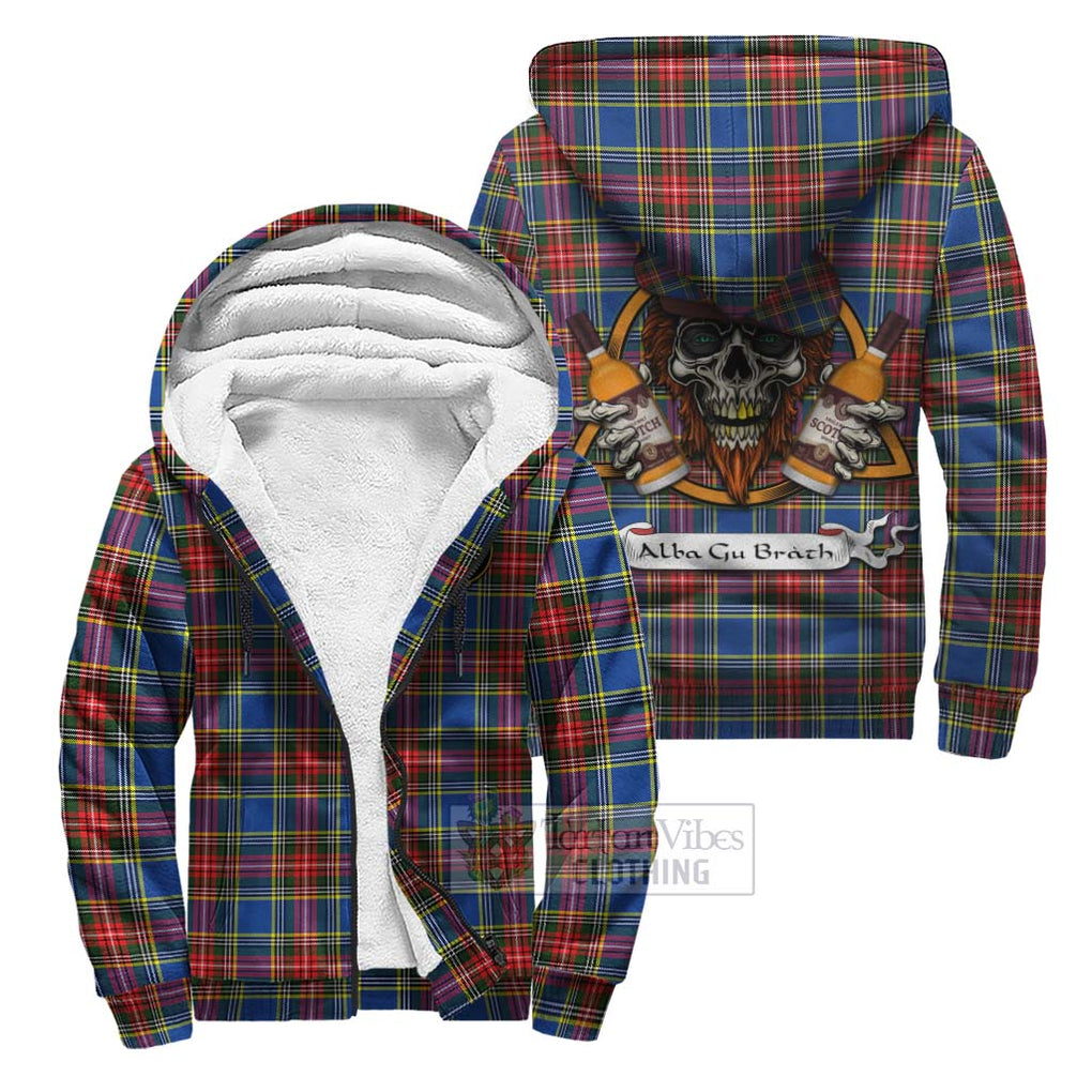 Tartan Vibes Clothing Bethune Tartan Sherpa Hoodie with Family Crest and Bearded Skull Holding Bottles of Whiskey