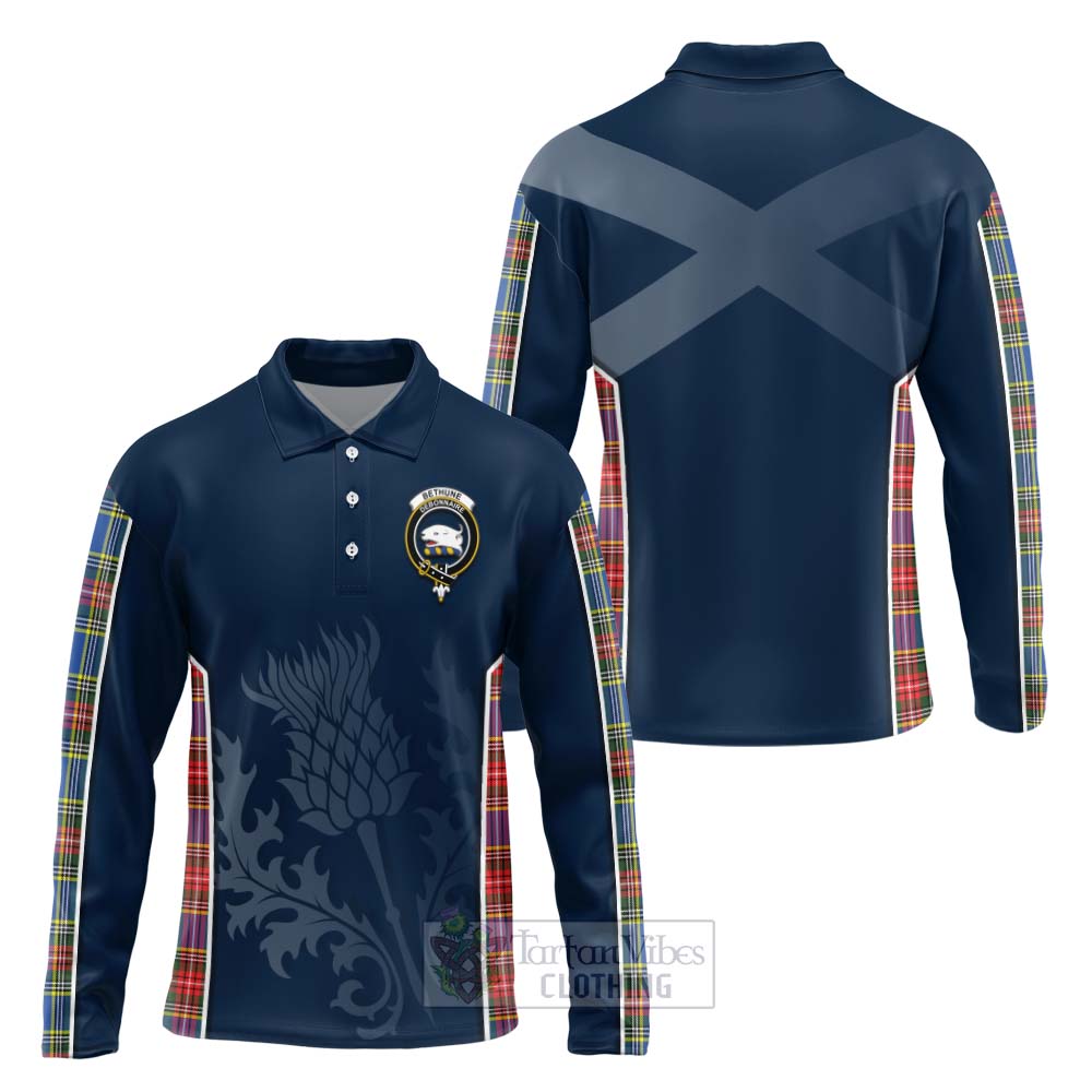 Tartan Vibes Clothing Bethune Tartan Long Sleeve Polo Shirt with Family Crest and Scottish Thistle Vibes Sport Style