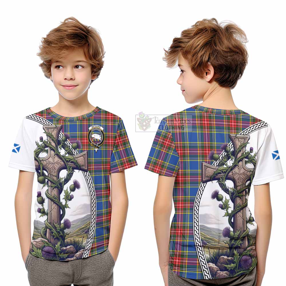 Tartan Vibes Clothing Bethune Tartan Kid T-Shirt with Family Crest and St. Andrew's Cross Accented by Thistle Vines