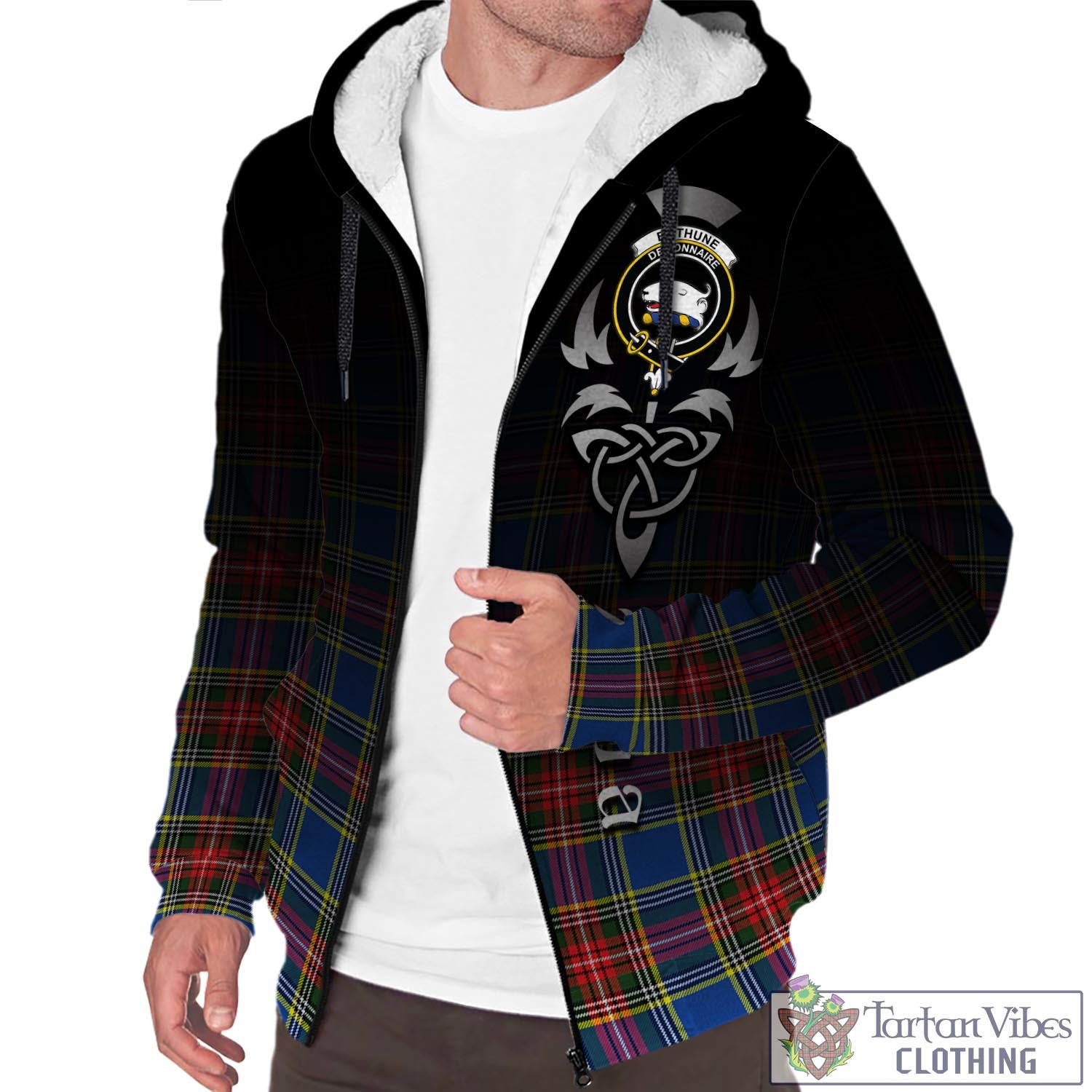 Tartan Vibes Clothing Bethune Tartan Sherpa Hoodie Featuring Alba Gu Brath Family Crest Celtic Inspired