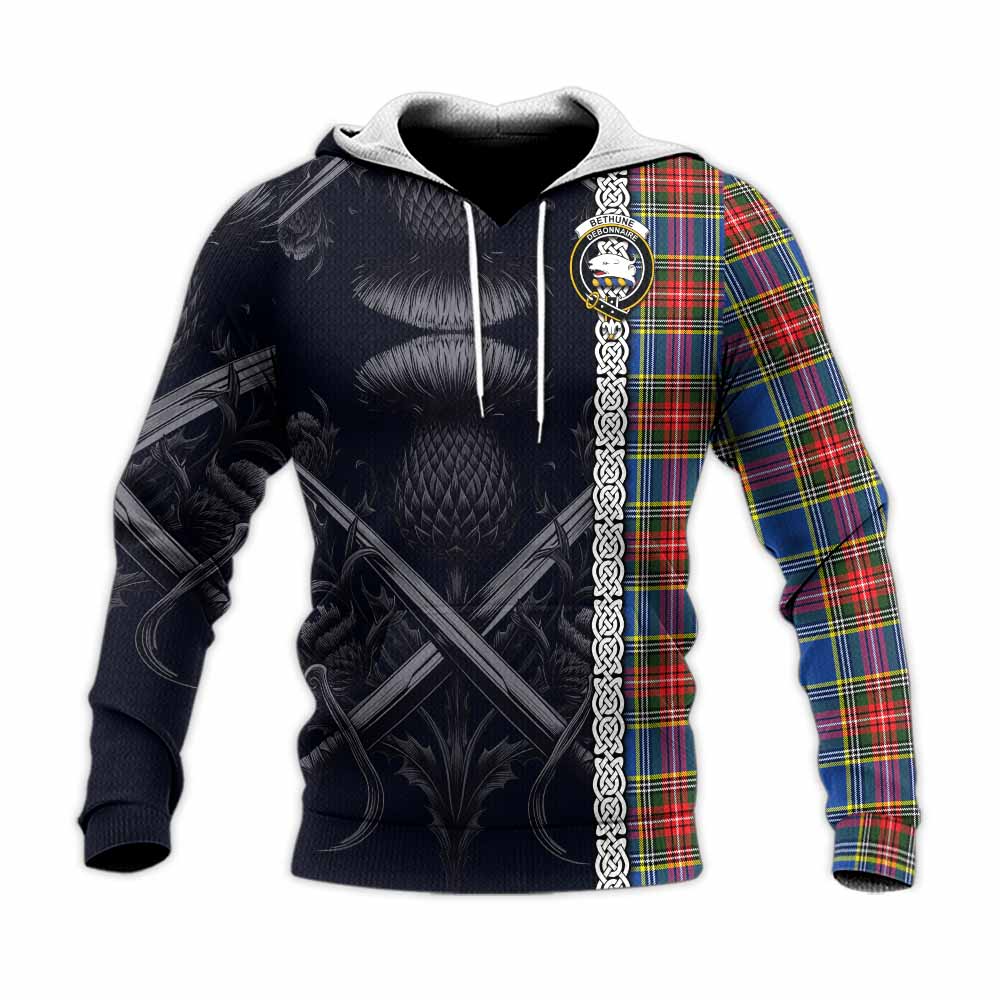 Tartan Vibes Clothing Bethune Tartan Knitted Hoodie with Family Crest Cross Sword Thistle Celtic Vibes