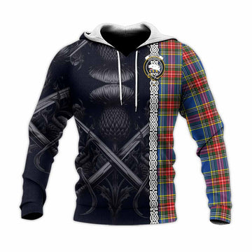 Bethune Tartan Knitted Hoodie with Family Crest Cross Sword Thistle Celtic Vibes