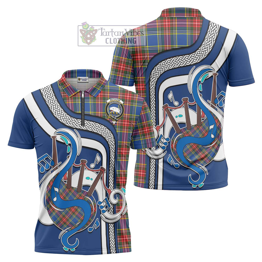 Bethune Tartan Zipper Polo Shirt with Epic Bagpipe Style Unisex - Tartanvibesclothing Shop