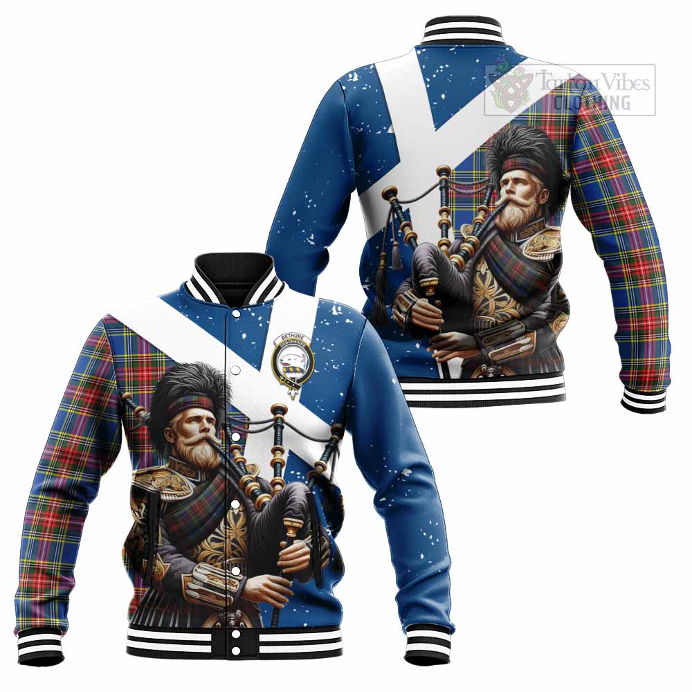 Tartan Vibes Clothing Bethune Tartan Baseball Jacket with Family Crest Scottish Bagpiper Vibes