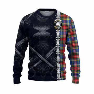 Bethune Tartan Knitted Sweater with Family Crest Cross Sword Thistle Celtic Vibes