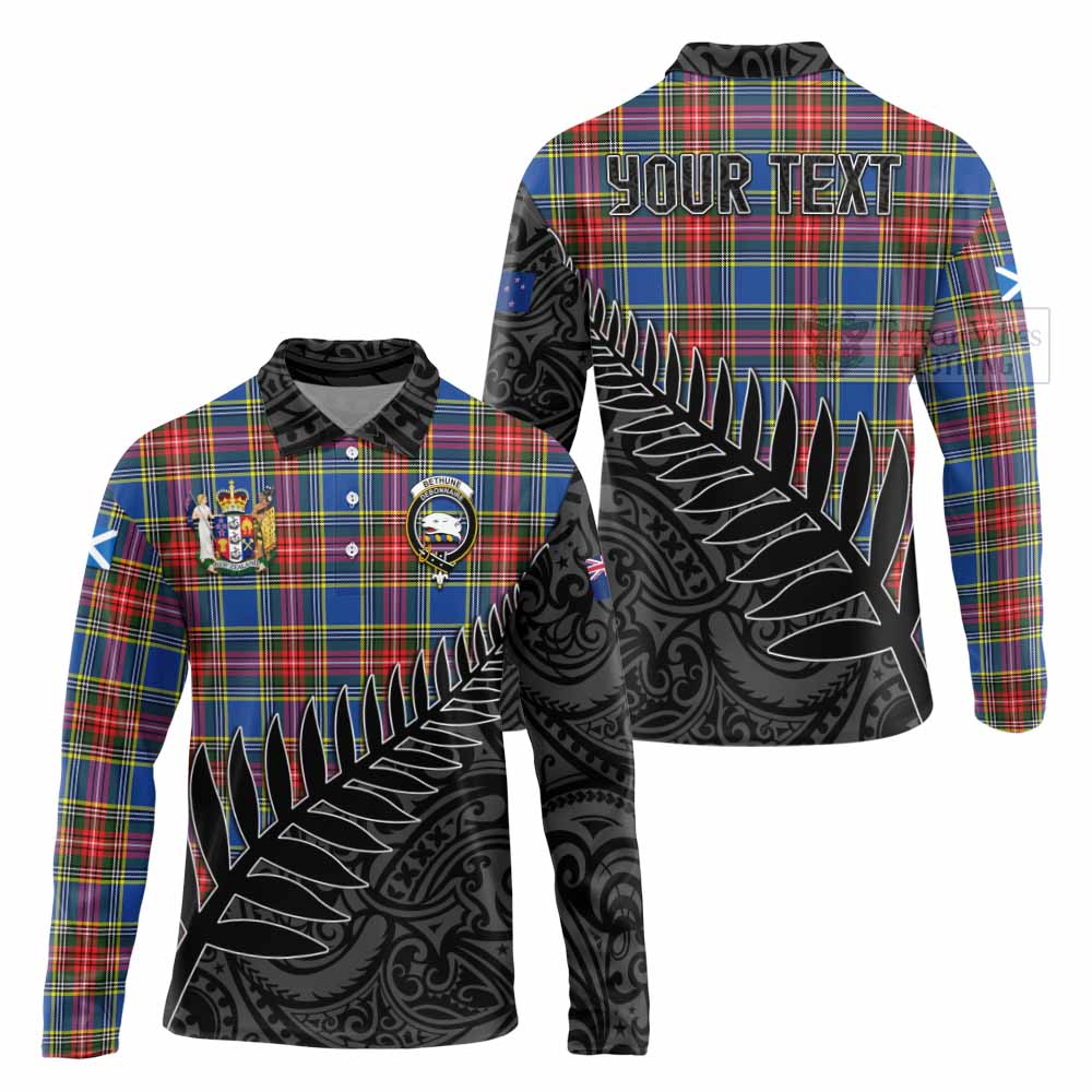 Tartan Vibes Clothing Bethune Crest Tartan Long Sleeve Polo Shirt with New Zealand Silver Fern Half Style