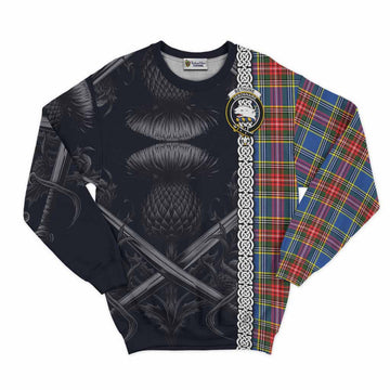 Bethune Tartan Sweatshirt with Family Crest Cross Sword Thistle Celtic Vibes