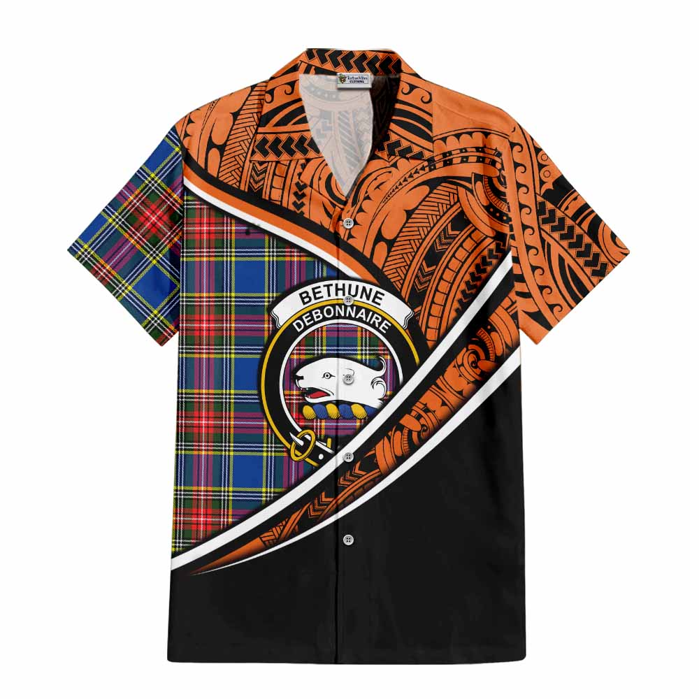 Tartan Vibes Clothing Bethune Crest Tartan Short Sleeve Button Shirt with Maori Tattoo Style - Orange Version