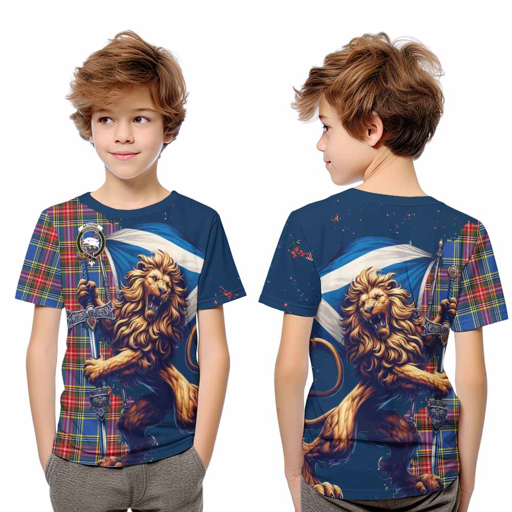 Tartan Vibes Clothing Bethune Tartan Family Crest Kid T-Shirt with Scottish Majestic Lion