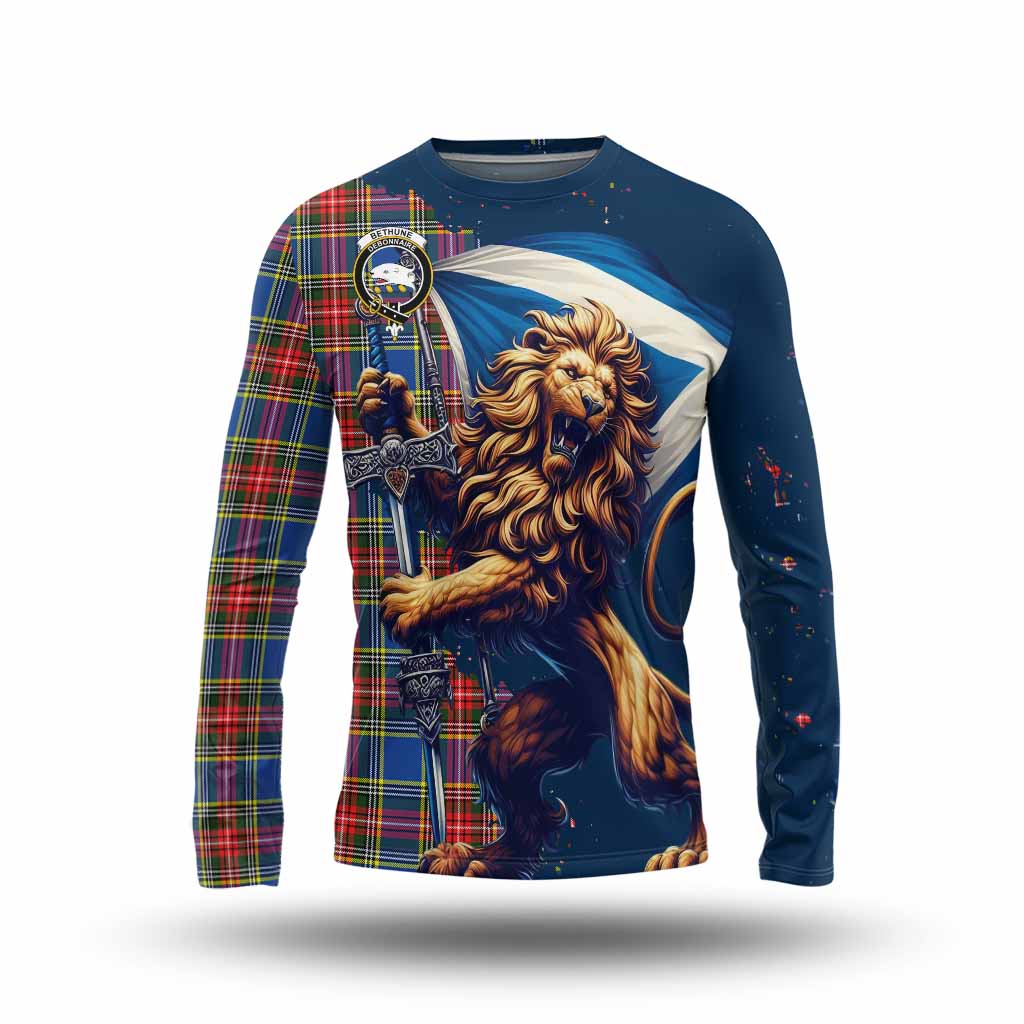 Tartan Vibes Clothing Bethune Tartan Family Crest Long Sleeve T-Shirt with Scottish Majestic Lion