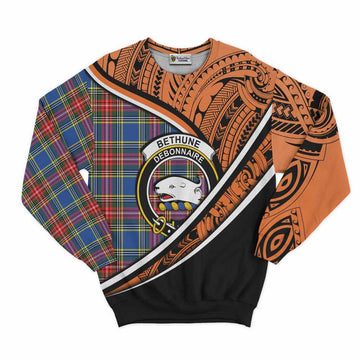 Bethune Crest Tartan Sweatshirt with Polynesian Vibes Style - Orange Version